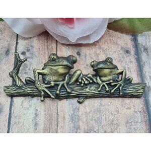 Vintage JJ Jonette1980s Pin Frogs on a Log Brooch Brass Collectible Frog Lovers